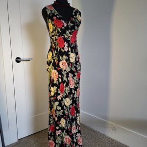 Vintage 90s black and red floral bias cut dress
